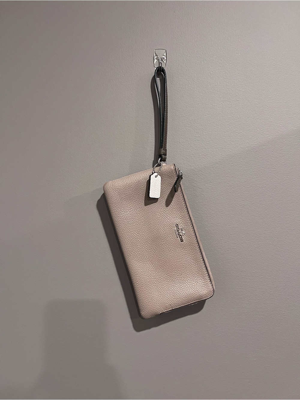 Late 2010s Coach Pebbled Leather Wristlet Wallet in Light Taupe and dark grey